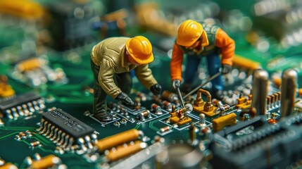 Poster - Miniature workers repairing a circuit board, showcasing intricate technology and teamwork (1)