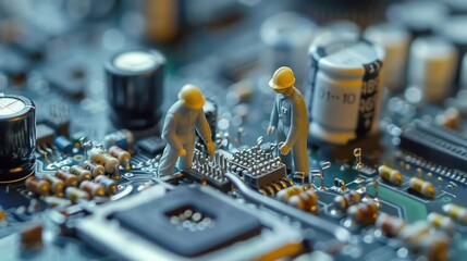 Poster - Miniature workers assembling components on a circuit board, showcasing intricate technology details
