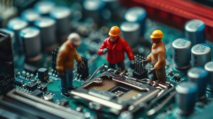 Poster - Miniature figures of workers examining a computer motherboard in a detailed tech environment