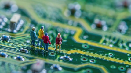 Poster - Miniature figures standing on a circuit board, illustrating technology and innovation themes