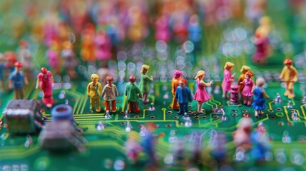 Poster - Colorful miniature figures standing on a circuit board, creating a whimsical scene of technology