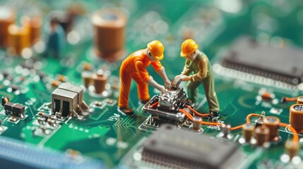 Poster - Miniature workers repairing a circuit board with various electronic components visible