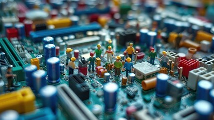 Aufkleber - Miniature construction workers assembling on a colorful circuit board in a tech environment
