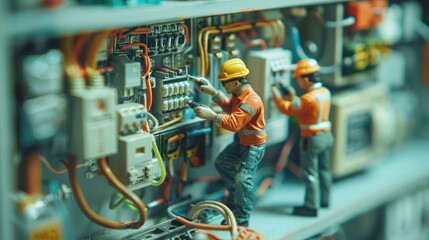 Aufkleber - Miniature electricians working on a complex control panel in a detailed industrial setting