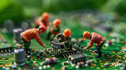 Aufkleber - Miniature workers assembling components on a circuit board surrounded by green foliage, showcasing technology