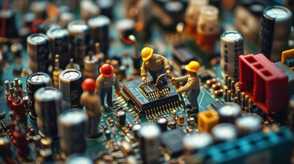 Aufkleber - Miniature figures assembling a circuit board amidst electronic components in a tech workshop