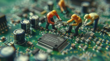 Aufkleber - Miniature workers repairing a circuit board, showcasing intricate technology and teamwork (3)