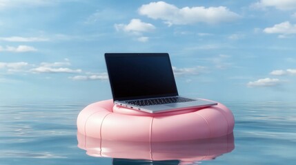 Poster - Laptop computer on a pink inflatable ring floating in a bright and vibrant setting