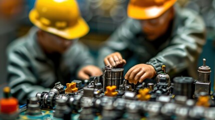 Aufkleber - Two miniature workers in hard hats assembling intricate machinery in a detailed workshop setting