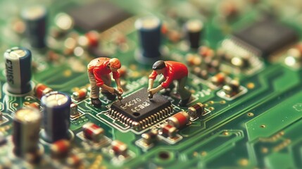 Aufkleber - Miniature workers repairing a circuit board, showcasing intricate technology and teamwork (4)