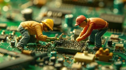 Aufkleber - Miniature workers repairing a circuit board, surrounded by electronic components and tools (2)