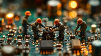 Aufkleber - Miniature workers repairing a circuit board in a tech workshop, with glowing components in background