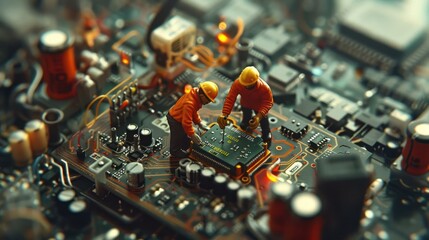 Aufkleber - Miniature workers assembling a circuit board with intricate components in a tech environment