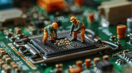 Aufkleber - Miniature workers repairing a computer chip on a circuit board with colorful components