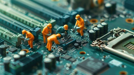 Aufkleber - Miniature workers assembling components on a circuit board in a tech workshop setting