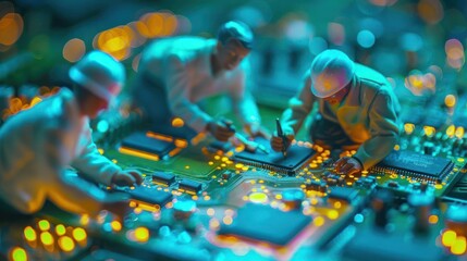 Aufkleber - Miniature engineers working on a circuit board in a vibrant, illuminated tech environment