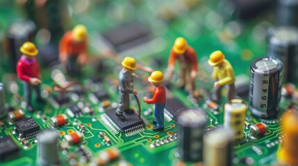 Aufkleber - Miniature figures of workers repairing a circuit board, showcasing detailed electronic components