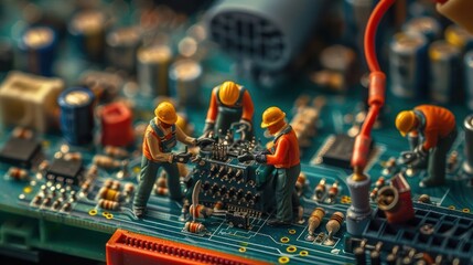 Aufkleber - Miniature workers repairing intricate machinery on a colorful circuit board with tools