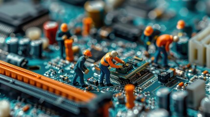 Aufkleber - Miniature workers assembling a circuit board in a detailed electronic environment (1)
