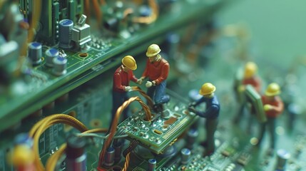 Aufkleber - Miniature workers repairing a circuit board in a high-tech environment with tools and wires