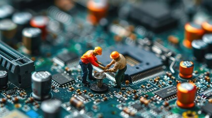 Aufkleber - Miniature workers repairing a circuit board amidst electronic components, showcasing technology