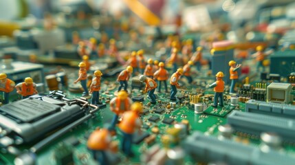 Poster - Miniature construction workers engaged in detailed work on a circuit board, showcasing technology