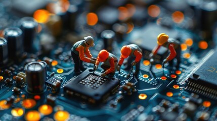 Aufkleber - Miniature workers assembling components on a circuit board with glowing lights in the background
