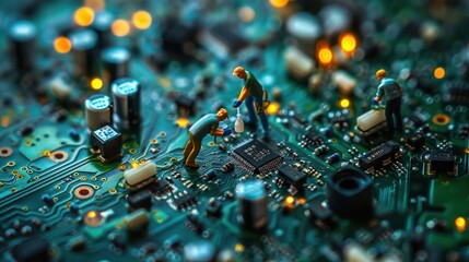 Poster - Miniature workers repairing a circuit board amidst glowing components and intricate details