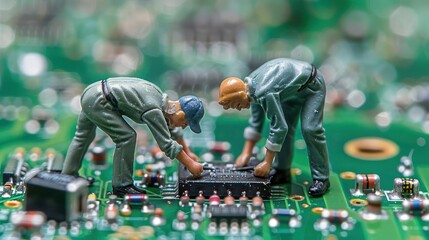 Aufkleber - Miniature figurines of workers repairing a circuit board, showcasing intricate technology details