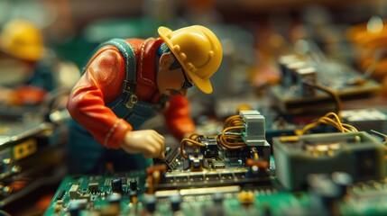 Aufkleber - Miniature worker repairing circuit boards in a cluttered electronics workshop setting