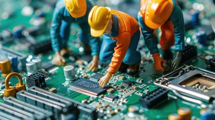 Aufkleber - Miniature workers assembling components on a circuit board in a tech workshop setting (1)