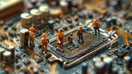 Poster - Miniature workers repairing a computer chip on a circuit board, showcasing technology in action (1)