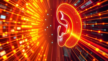 Poster - world hearing day An abstract digital visualization of a human ear receiving vibrant, glowing digital signals, symbolizing the significance of active listening in the digital age