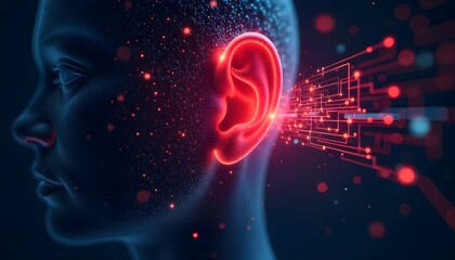 Poster - world hearing day An abstract digital visualization of a human ear receiving vibrant, glowing digital signals, symbolizing the significance of active listening in the digital age