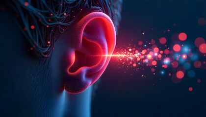 Poster - world hearing day An abstract digital visualization of a human ear receiving vibrant, glowing digital signals, symbolizing the significance of active listening in the digital age