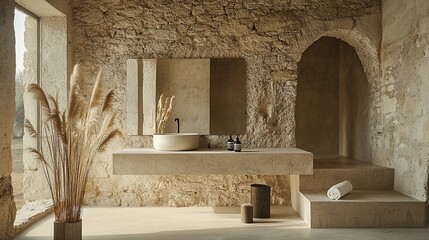 Aufkleber - Rustic stone bathroom, minimalist design, tranquil setting, spa-like atmosphere, interior design