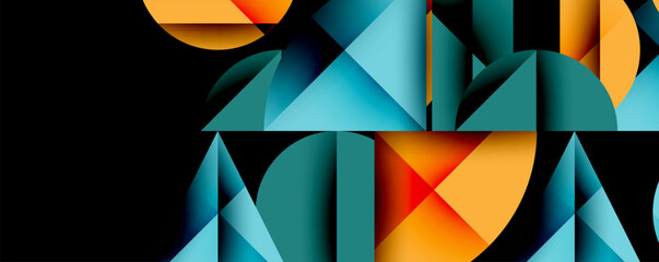 Poster - Abstract geometric background with layered gradient shapes forming dynamic patterns. Overlapping semi circles and triangles create depth and contrast