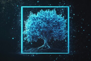 Wall Mural - Glowing blue tree, digital art, dark background, nature concept