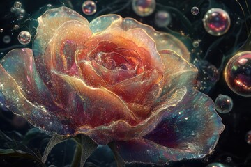 Wall Mural - Sparkling rose, iridescent petals, bubbles, dark background, fantasy art, greeting card