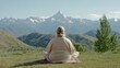 © tugkiara - Woman meditating mountain view, serene outdoors, peaceful moment, scenic background, for meditation guide or travel imagery