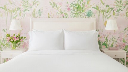 Wall Mural - Botanical Watercolor Patterned Wallpaper in Serene Bedroom Setting