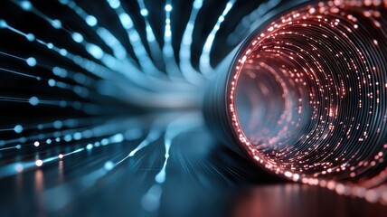 Poster - A mesmerizing tunnel of light showcasing vibrant blue and red particles spiraling in a dynamic, futuristic design.
