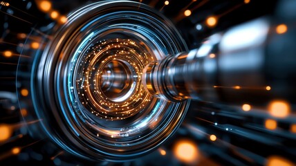 Poster - A futuristic, high-tech tunnel with swirling lights and particles, conveying a sense of motion and energy in a digital, sci-fi environment.