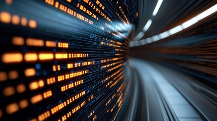 Poster - A dynamic digital tunnel with flowing data streams in blue and orange hues, representing a futuristic concept of information transfer.