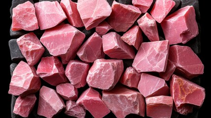Poster - Pile of pink marble blocks on a black background with abstract bright pink rock formations