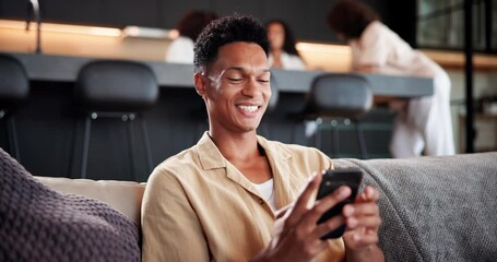 Aufkleber - Phone, typing and man on sofa in home with email for travel reservation confirmation online. Happy, cellphone and male person relaxing in living room booking hotel for weekend trip in apartment.