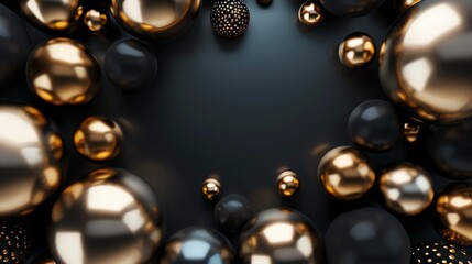 Poster - an abstract background of black and gold spheres, with a black surface.