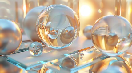 Poster - 3D render of abstract spheres and geometric shapes with a glassy material in a warm color scheme.