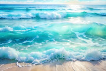 Wall Mural - Turquoise waves on sandy beach at sunrise watercolor texture