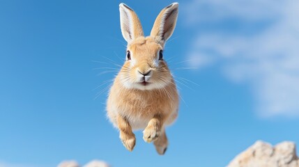 Wall Mural - Fluffy bunny leaps, blue sky backdrop, rocks below; Easter, pet